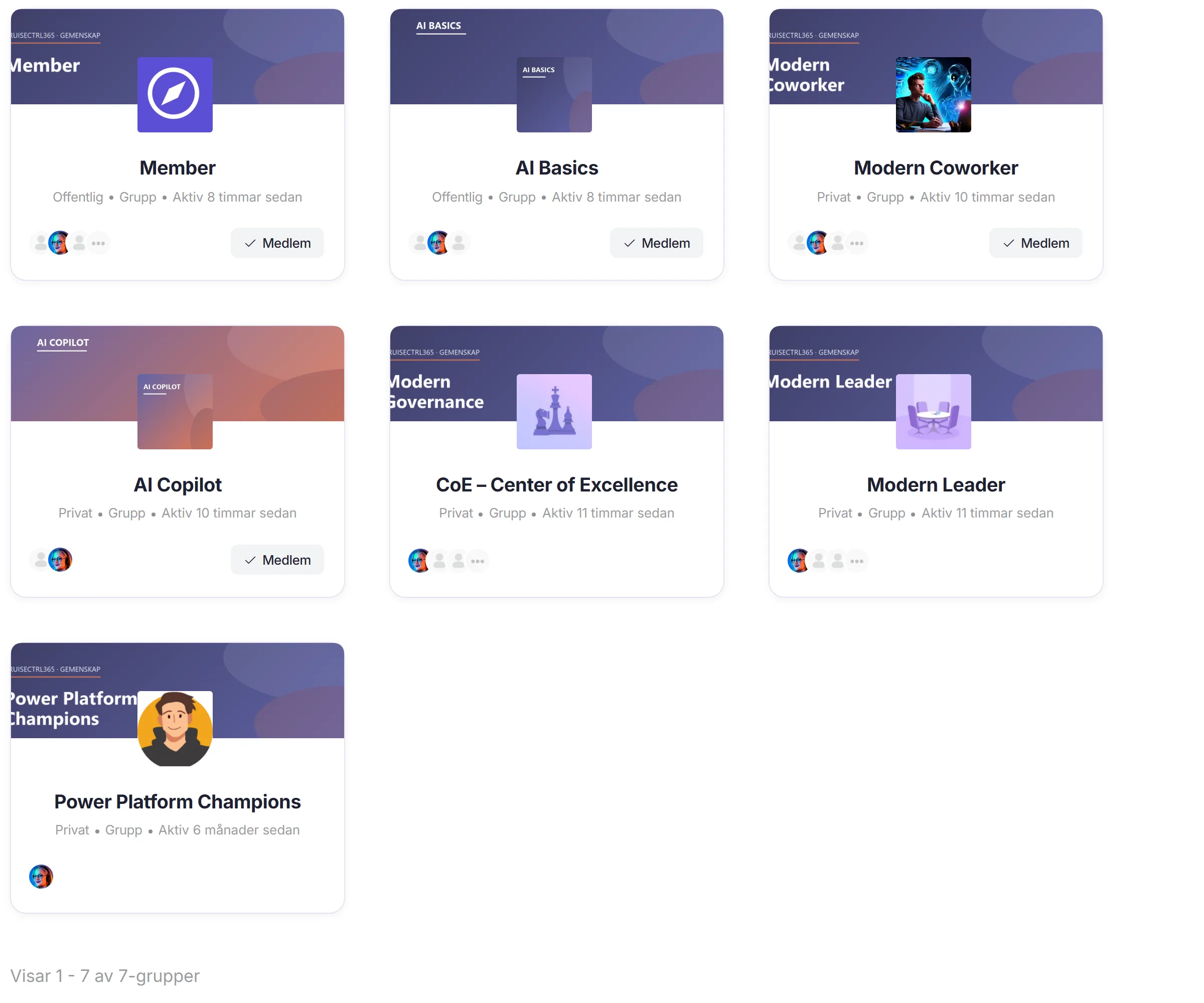 Gemenskapen: gruppkorten Member, AI Basics, Modern Coworker, AI Copilot, CoE och Modern Leader.